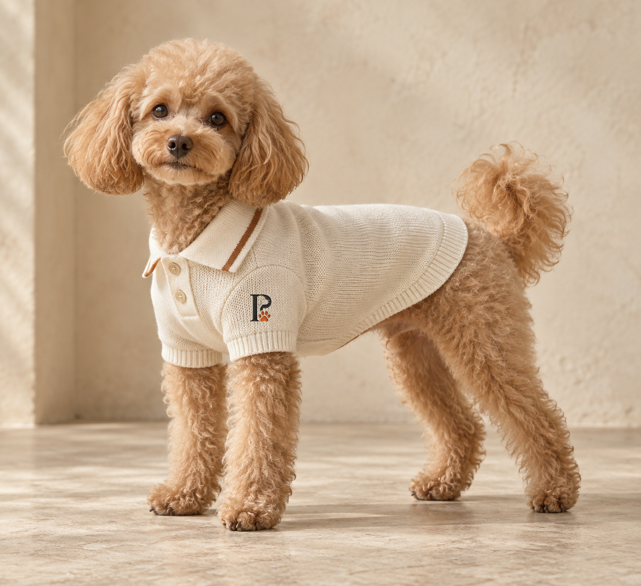 Small apricot dog wearing the Ivory Signature Polo