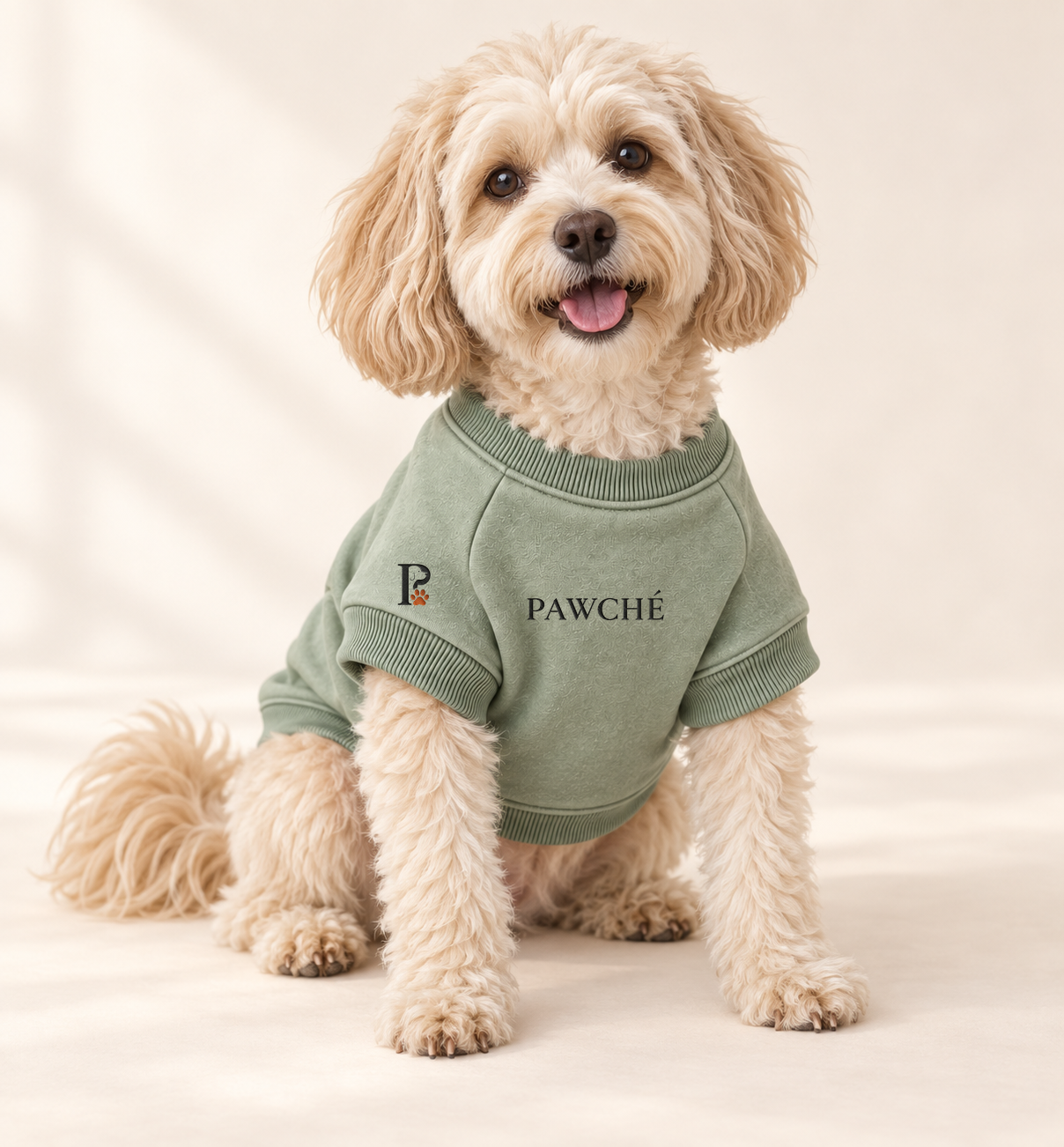 Small apricot dog wearing the Sage Signature Sweatshirt