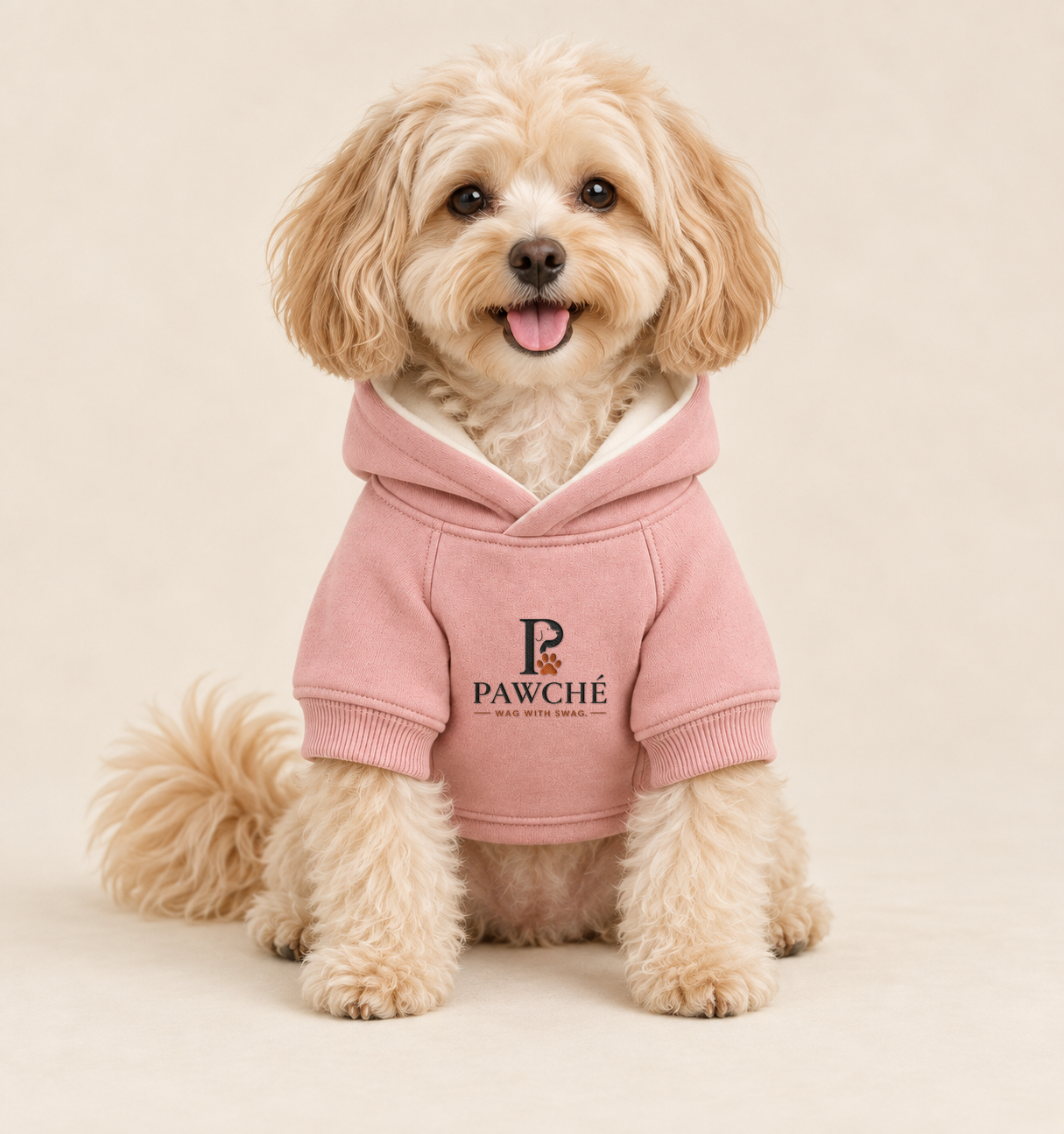 Fluffy apricot dog wearing the Blush Signature Hoodie